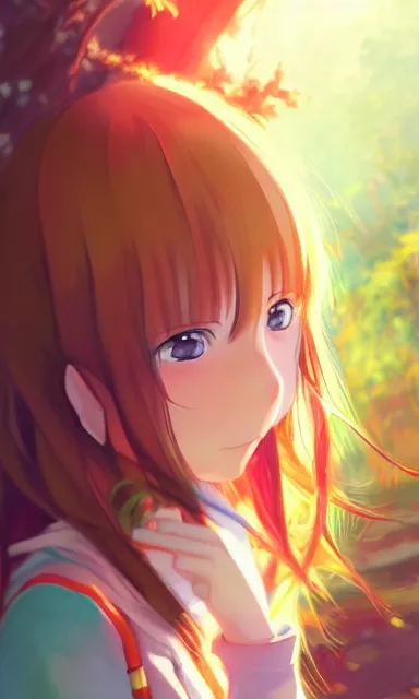 Image similar to a colorful anime scene of a girl with brown hair, detailed background, portrait, trending on artstation, by studio ghibli and rossdraws