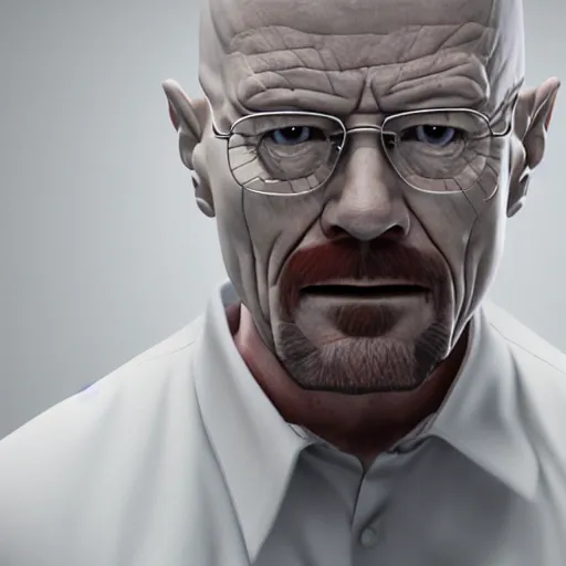 Image similar to 3 d render of scared walter white standing in a white room with no escape,