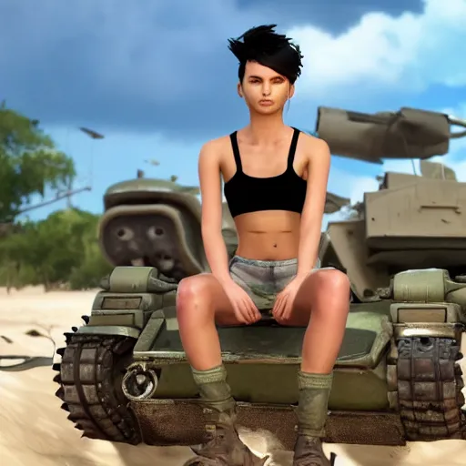 Prompt: fit 2 0 year old women with short black spiky hair wearing a short crop top and tiny shorts sitting ontop of a ww 2 tank on a sandy beach with a destroyed city behind her, unreal 5 engine, 4 k, ultra hd, vivid