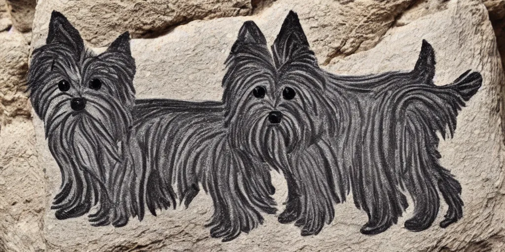 Prompt: A Yorkshire Terrier drawn on the stone of a cave, a petrogliph, art by Pueblan peoples, stone art