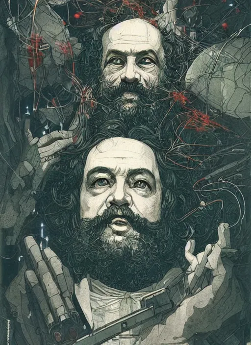 Image similar to karl marx, eun emerging from renaissance italy into a cyberpunk mutiversal realm by conrad roset, nicola samuri, dino valls, m. w. kaluta, jakub rebelka, rule of thirds, seductive look, beautiful