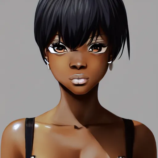 Prompt: black anime manga girl, wearing camo, white french bob, throwing punch pose, realistic, 4 k, artstation, highly detailed, detailed face