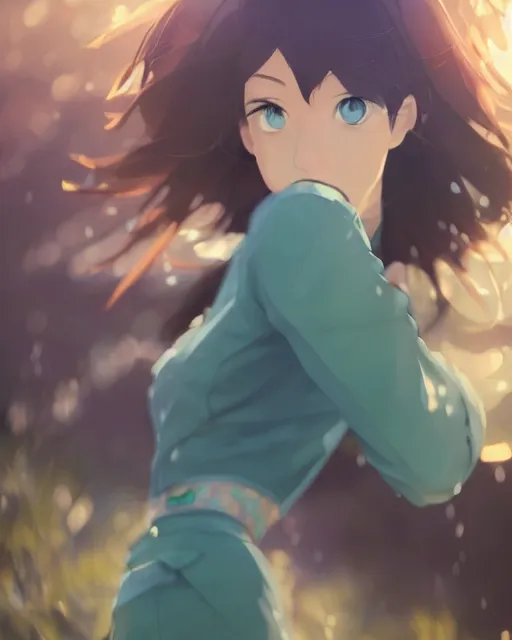 Prompt: a girl wearing a blue and green outfit that looks like earth, full shot, atmospheric lighting, detailed face, by makoto shinkai, stanley artgerm lau, wlop, rossdraws
