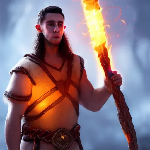 Prompt: Phil Foden wearing a barbarian tunic holding a glowing fire magical staff. Trending on Artstation, octane render, ultra detailed, art by Ross tran