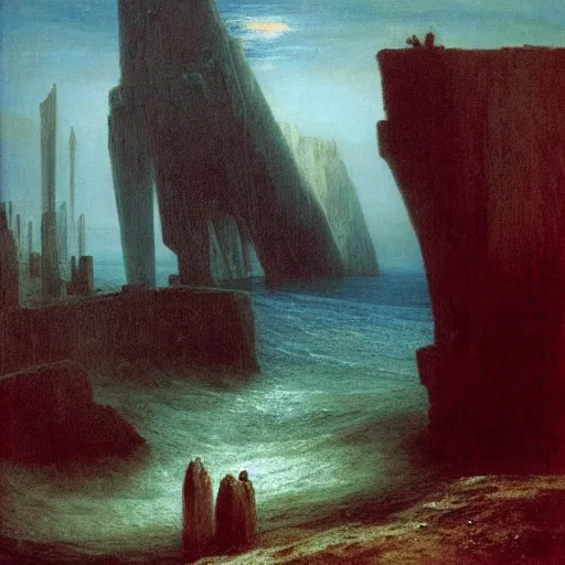 Image similar to the atlantide, by william turner, by beksinski, by caspar david friedrich, oil painting, romantism, realism, limited palette