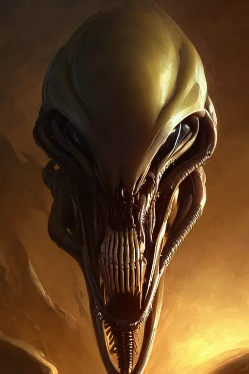 Image similar to xenomorph skull, close - up portrait, intricate, elegant, volumetric lighting, scenery, digital painting, highly detailed, artstation, sharp focus, illustration, concept art, gaston bussiere, ruan jia, steve mccurry