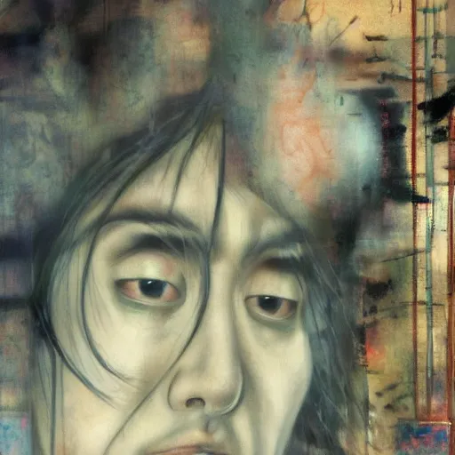 Image similar to yoshitaka amano blurred and dreamy realistic three quarter angle portrait of a nicolas cage, junji ito abstract patterns in the background, satoshi kon anime, noisy film grain effect, highly detailed, renaissance oil painting, weird portrait angle, blurred lost edges