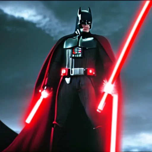 Image similar to hd photograph movie still of batman wielding a red lightsaber in star wars 2 0 0 5