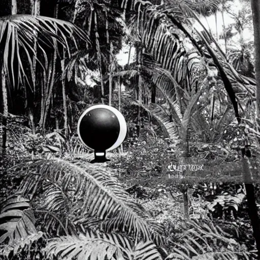 Prompt: a rizom lost film footage of a ( ( ( ( ( ( ( ( sphere ) ) ) ) ) ) ) ) in the middle of the tropical jungle / tropicalism / tropicalism / tropicalism / film still / cinematic / enhanced / 1 9 2 0 s / black and white / grain