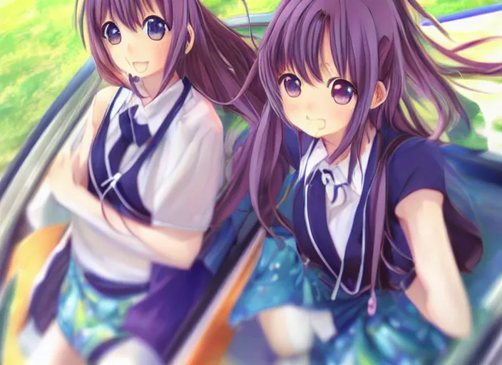 Image similar to anime car warp, 2 0 0 0 clannad shuffle toheart event'anime illustration japanese very very beautiful cute girls doing cute things trending on artstation pixiv makoto shinkai smiling super detailed eyes eyebrowless symmetry face visual novel hairpin star