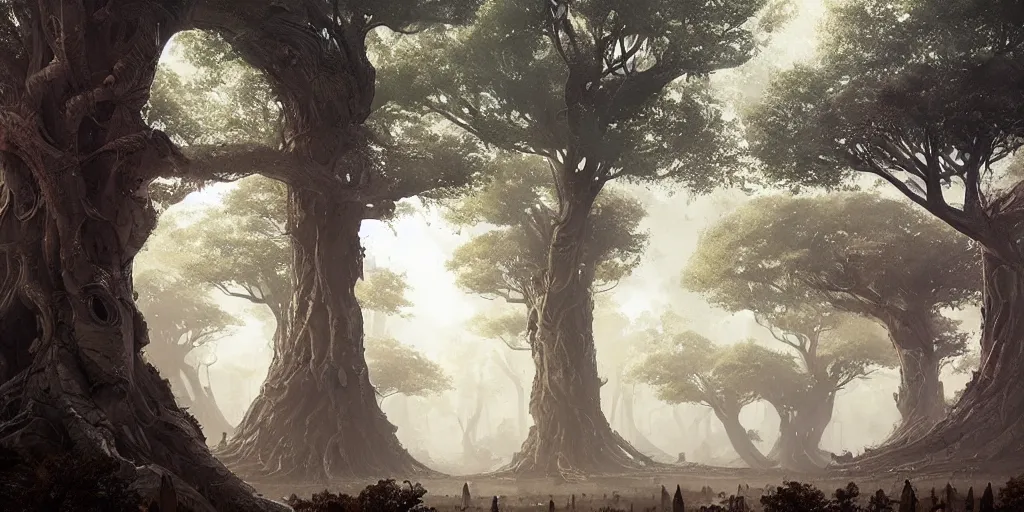 Image similar to a vast ancient tree city, greg rutkowski, 8 k, shallow depth of field, intricate detail, concept art,