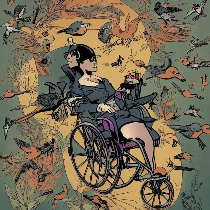 Prompt: a nerdy woman in a wheelchair, surrounded by birds, a full color illustration by mike mignola