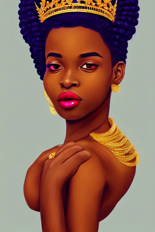 Prompt: a portrait of a young african beautiful and vibrant queen, confident pose, intricate, elegant, sharp focus, illustration, highly detailed, concept art, matte, trending on artstation, anime, art