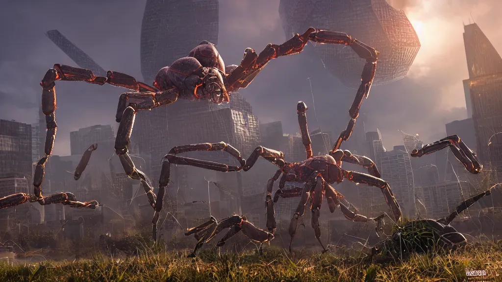 Prompt: giant arachnids attacking the city, realistic, arachnophobia, unreal engine 5, global illumination, detailed environment, bright colours, cinematic, atmosphere, 4 k
