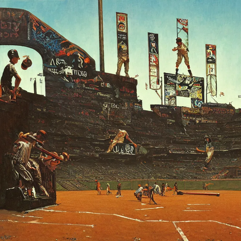 Image similar to a baseball field with an ancient monolith with glowing runes. highly detailed painting by norman rockwell and syd mead. rich colors, high contrast, gloomy atmosphere, dark background.