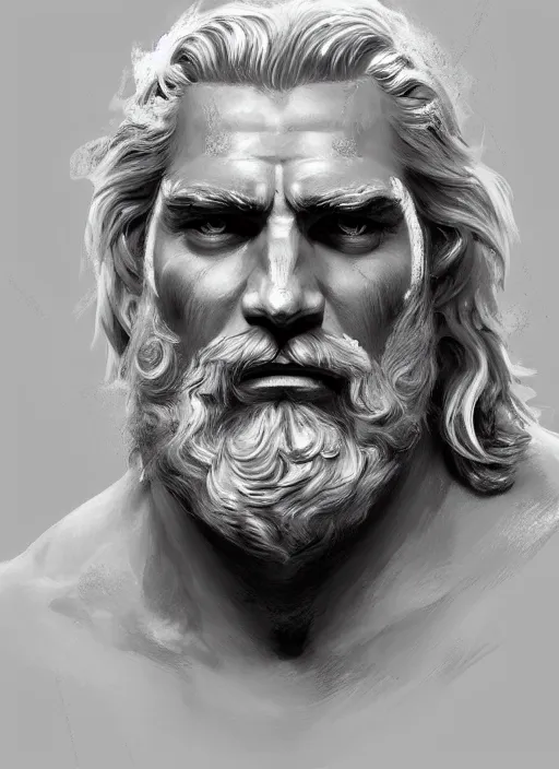 Prompt: painted portrait of rugged zeus, god of thunder, greek god, white hair, masculine, mature, handsome, upper body, muscular, hairy torso, fantasy, intricate, elegant, highly detailed, digital painting, artstation, concept art, smooth, sharp focus, illustration, art by gaston bussiere and craig mullins