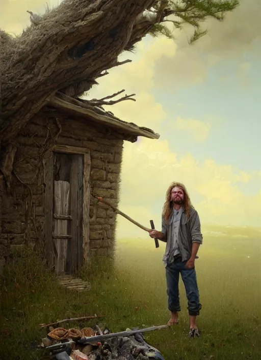 Image similar to highly detailed hyperrealistic painting of a blonde long - haired hillbilly standing in front of old rough house holding a stick, with his fluffy black and gray australian shepherd, bonfire, stephen bliss, art by greg rutkowski, loish, rhads, ferdinand knab, makoto shinkai and lois van baarle, tom bagshaw, global illumination, artstation