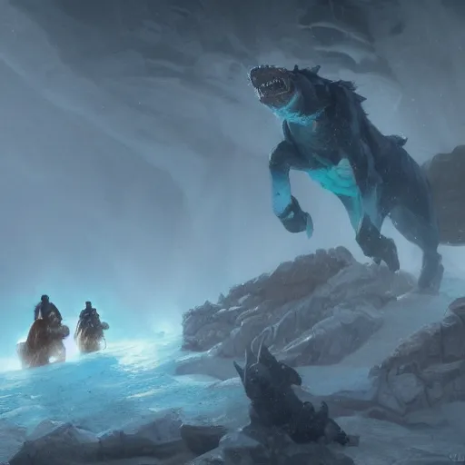 Prompt: riding the warcat into the deep ice cave. melancholy undertones, high fantasy art official contest submission greg rutkowski emissive lighting 3 8 4 0