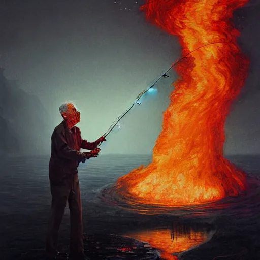 Image similar to UHD photorealistic Cosmic Zombie Alfred E. Newman fishing in a radioactive lake of fire, in the style of tonalism by Greg Rutkowski