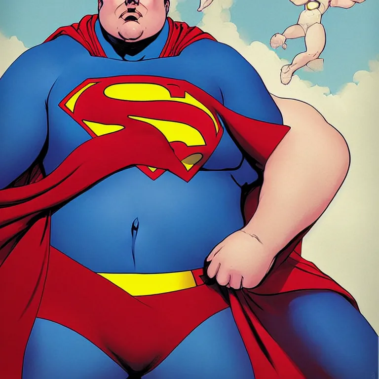 Image similar to Mordidly obese superman, style of Joshua Middleton comic book art Nick Dragotta comic art, symmetrical face, symmetrical eyes, depressed sad expression, painterly style