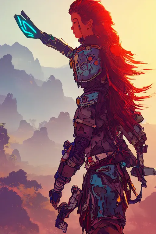 Image similar to combination suit armor aloy horizon forbidden west horizon zero dawn radiating a glowing aura global illumination ray tracing hdr fanart arstation by ian pesty and alena aenami artworks in 4 k tribal robot ninja mask helmet backpack