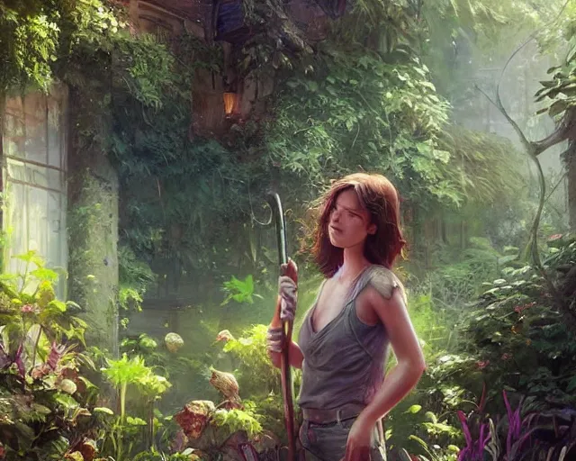 Image similar to a beautiful girl is taking care of the garden in a beautiful and varied vegetation dream garden with quality pruning shears, artstation greg rutkowski, cinematic, hyperrealist, beautiful face and features, the most beautiful girl digital art, light essential calm quality wlop projection render