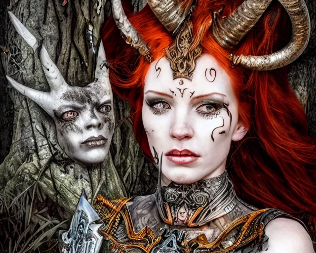 Image similar to 5 5 mm portrait photo of an armored gorgeous anesthetic redhead woman warrior with a face tattoo and horns growing from her head, in a magical forest in the style of stefan kostic, art by luis royo. highly detailed 8 k. intricate. lifelike. soft light. nikon d 8 5 0. cinematic post - processing