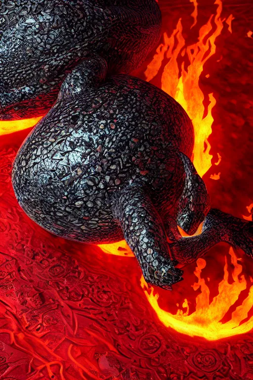 Image similar to a scaly phoenix egg made from opalescent coal and molten lava, on a carved red hot flaming stone floor photorealistic, dlsr, octane render, 8 k, cinematic lighting