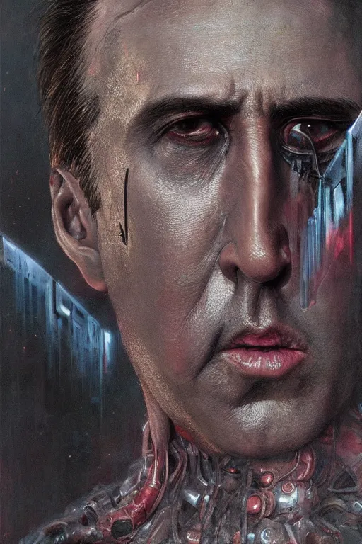 Image similar to Portrait of Nicolas Cage as mechanical cyborg, dark, intricate, smooth, artstation, painted by Wayne Barlowe, Greg Rutkowski, Zdislav Beksinski