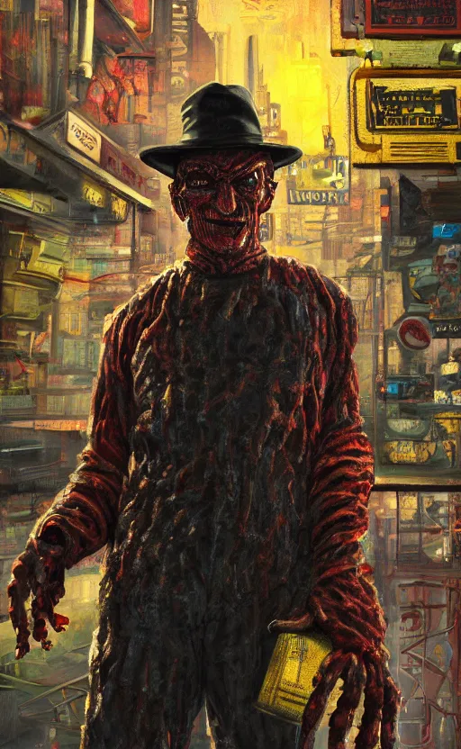 Prompt: a vigorous and limber photorealistic painting of a simple, conversational, cyberpunk, deeply and exquisite freddy krueger in london, by tim white. tibetan paintings. photorealistic. trending on artstation. photorealistic. unreal engine