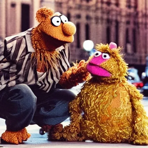 Prompt: “ fozzie from the muppets drop kicking a child ”