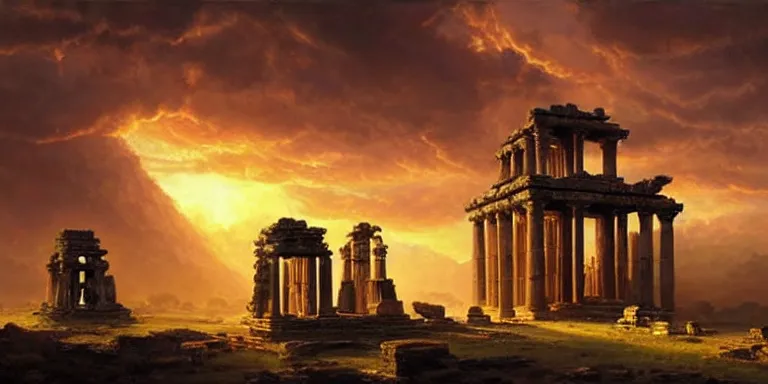 Image similar to beautiful hyperrealistic spectacular painting of the mysterious intricate ruins of the mysterious ancient temple, an advanced technology timemachine with a green - glowing - crystal from the future is inside the temple, by hubert robert and lee madwick and bastien lecouffe - deharme, dramatic sunset lighting, advanced technology