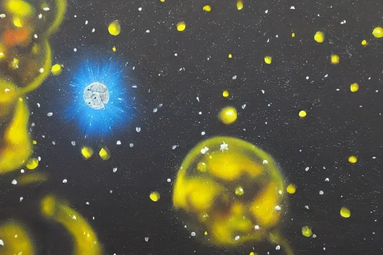 Image similar to hyperrealism oil painting, close - up ice cube with black flowers and fireflies, gradient mixed with nebula sky, in style of baroque