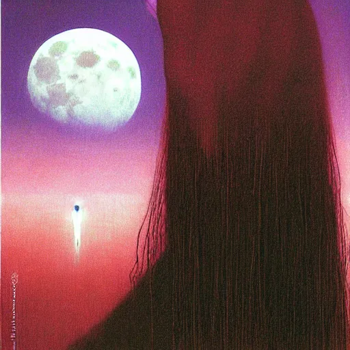 Image similar to majestic pale vampire princess with very long black hairs at moon night, by Beksinski