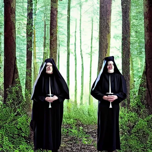 Image similar to award winning photo Floating twin nuns faces like dogs, wearing translucent habits Very long arms, in a forest, eerie, frightening —width 1024 —height 1024