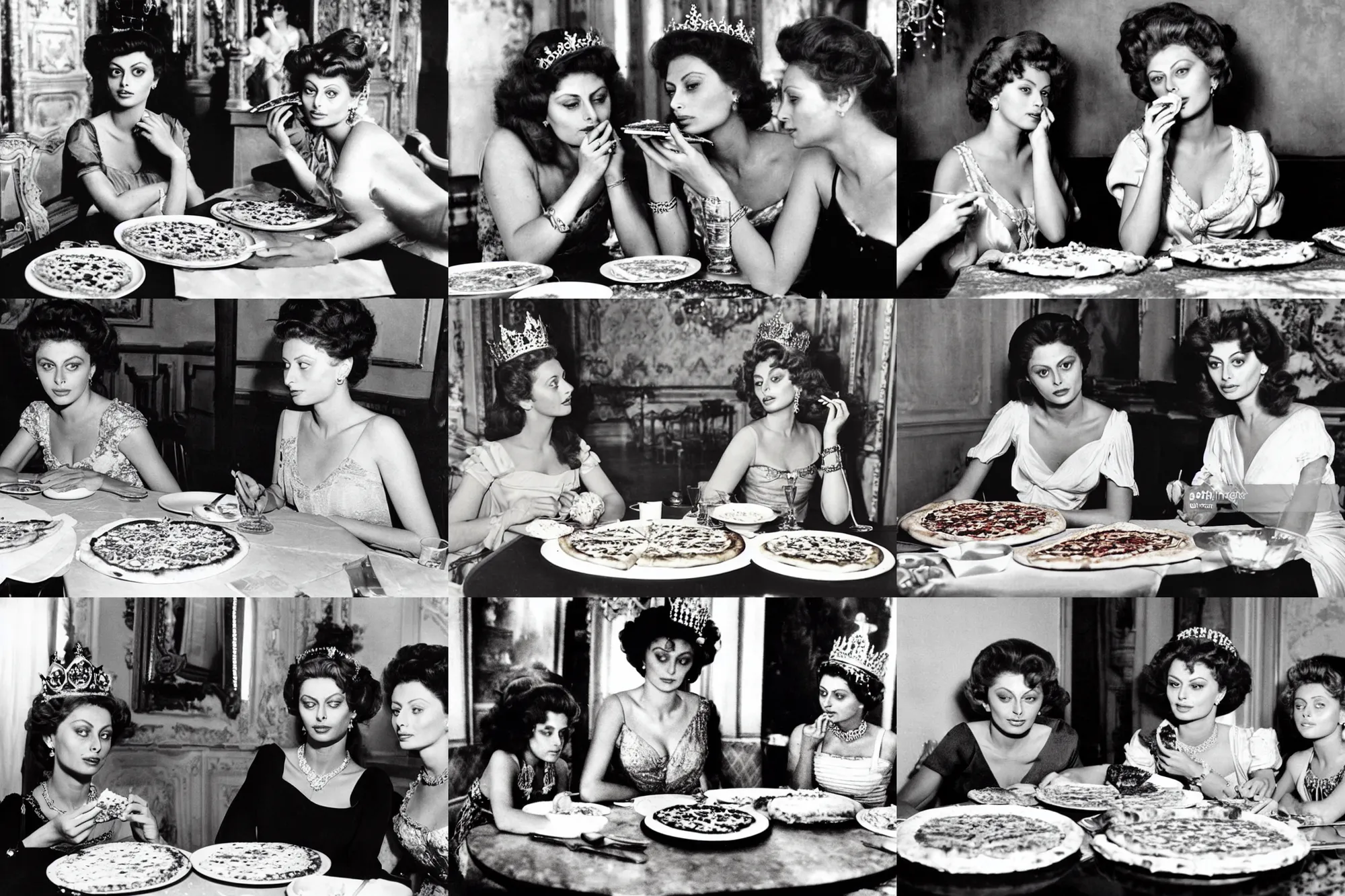 Prompt: a highly detailed photo of ) young beautiful queen margherita of italy )!!!!, sitting at a ( long table )!!! eating a pizza margherita together with a ( young and beautiful sophia loren )!!!!, right angled view, smooth lighting, masterpiece, timeless, genious composition