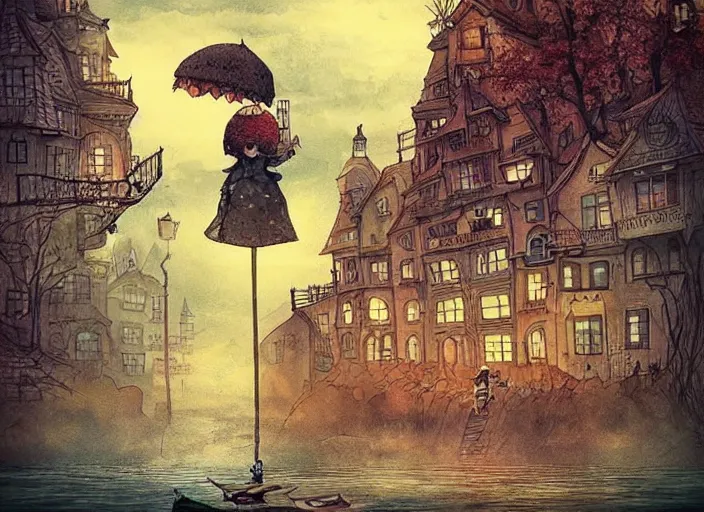 Image similar to ☕🍧🌆👴🏼, lowbrow, matte painting, in the style of alexander jansson,