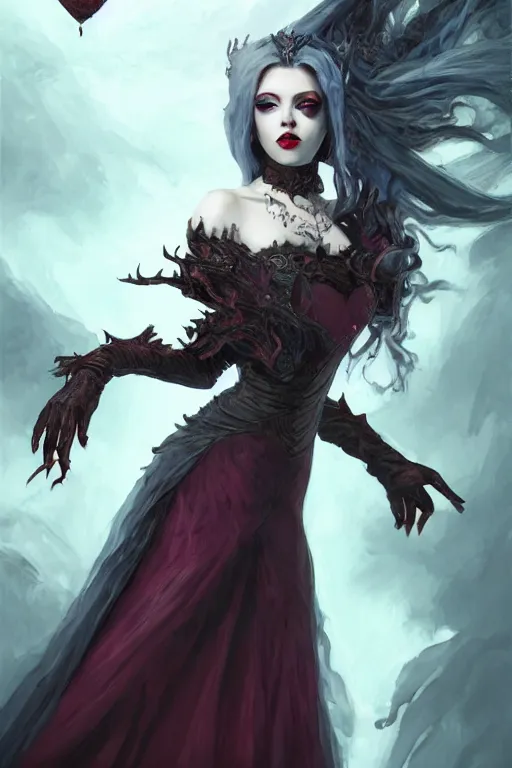 Image similar to beautiful vampire female queen, full body shot, ascending form the sky, hands reaching for her, wide angle shot, aerial view, lost souls, horror, d & d, fantasy, intricate, elegant, highly detailed, digital painting, artstation, concept art, matte, sharp focus, illustration, hearthstone, art by artgerm and greg rutkowski and alphonse mucha