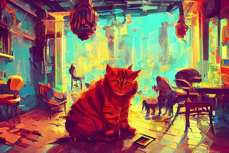 Image similar to a digital art of a cat sits on a chair in a bar in the afternoon, the sun shines in, animal, light effect, highly detailed, by anton fadeev