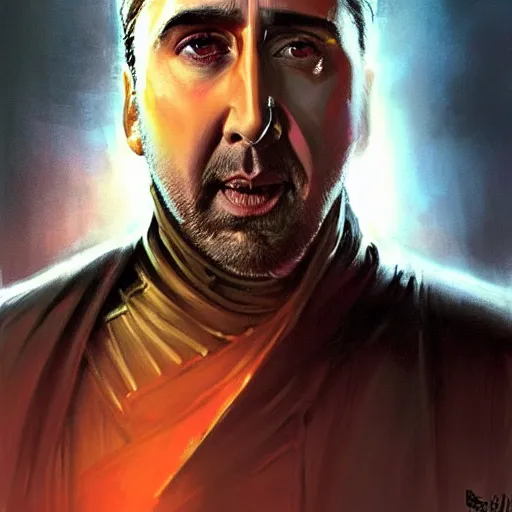 Image similar to darth nicolas cage, freida pinto, art by artgerm and greg rutkowski and magali villeneuve, portrait, highly detailed, headshot, intricate, elegant, digital painting, trending on artstation, concept art, sharp focus, illustration