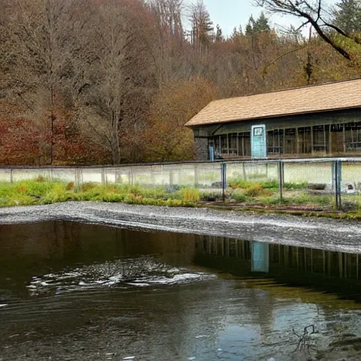 Prompt: John Calvin visits a fish hatchery. Photographic quality, realistic.