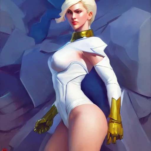 Image similar to Greg Manchess portrait painting of Emma Frost as Overwatch character, medium shot, asymmetrical, profile picture, Organic Painting, sunny day, Matte Painting, bold shapes, hard edges, street art, trending on artstation, by Huang Guangjian and Gil Elvgren and Sachin Teng