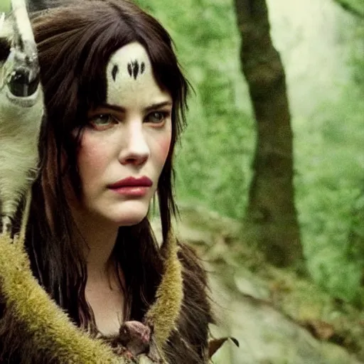 Image similar to liv tyler as live action princess mononoke, still frame, sharp focus, cinematic, filmic