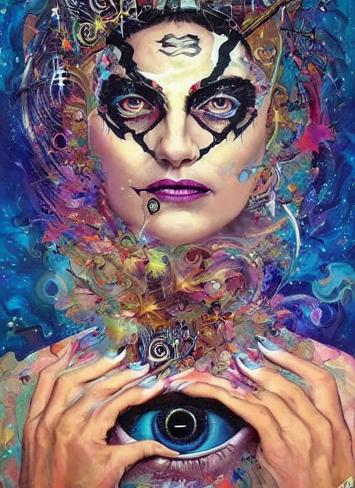 Image similar to gorgeous magic cult psychic woman smiling, third eye, energetic consciousness psychedelic, epic surrealism expressionism symbolism, story telling, iconic, dark robed, oil painting, symmetrical face, dark myth mythos, by Sandra Chevrier, Noriyoshi Ohrai masterpiece