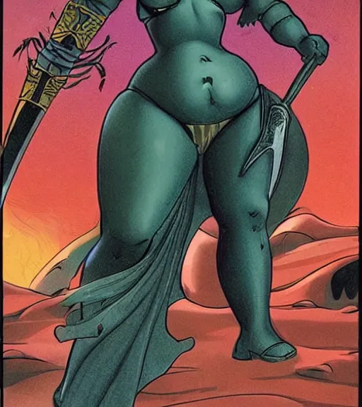 Image similar to 1 9 8 0 s fantasy novel book cover, bbw plus size amazonian ariel winter in extremely tight bikini armor wielding a cartoonishly large sword, exaggerated body features, dark and smoky background, low quality print