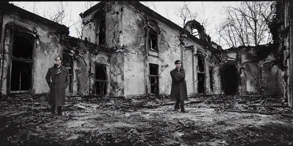 Prompt: detailed analog medium format photo made by tarkovsky, polaroid photo of a man in haki trenchcoat standing outside old gothic abandoned villa in country while it is burning in flames, high production value, intricate details, 8 k resolution, hyperrealistic, hdr, photorealistic, high definition, tehnicolor, award - winning photography, masterpiece, amazing colors,