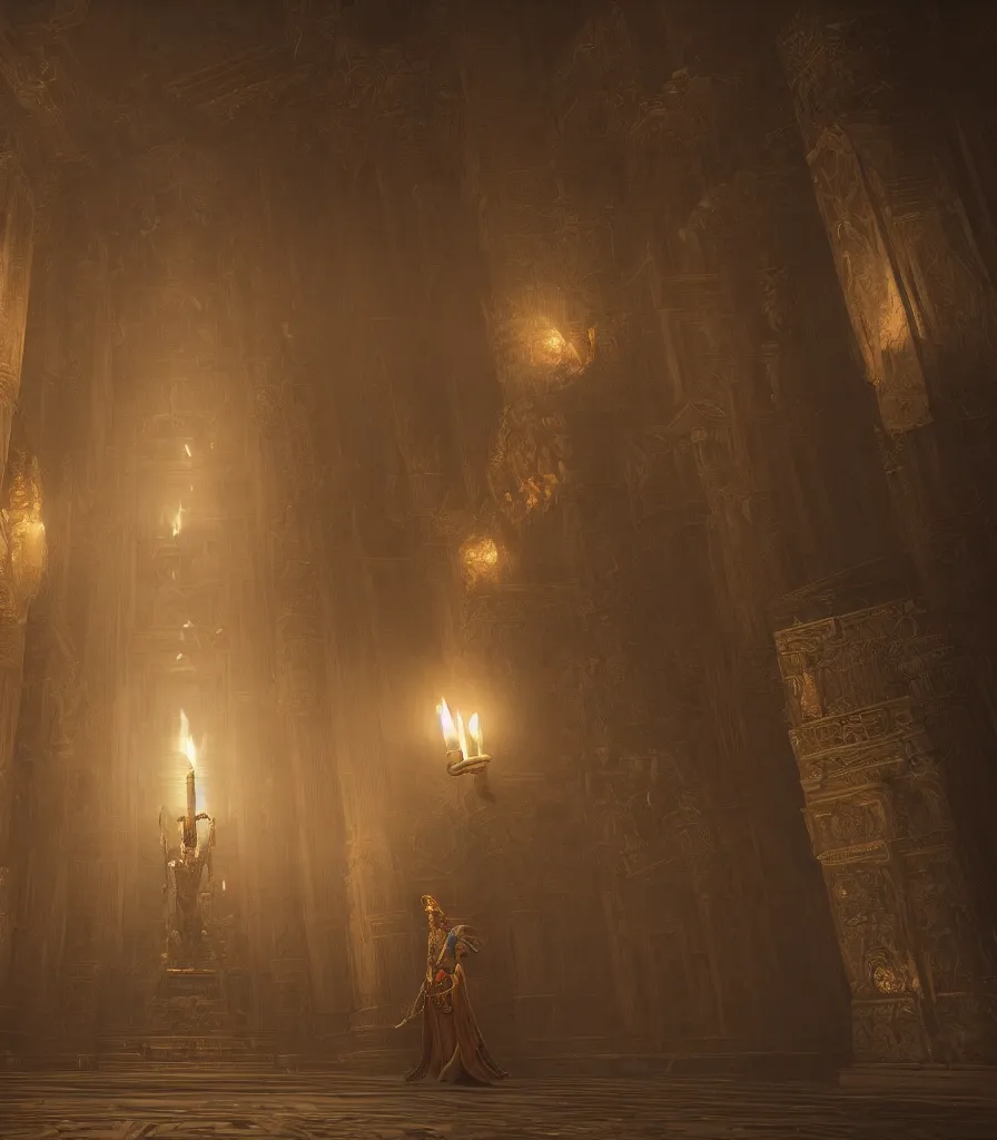 Image similar to The guardian of the temple holding a candle, standing in a hallway to a large magical room, Greg Rutskowski, Trending on Artstation, 4K, epic composition