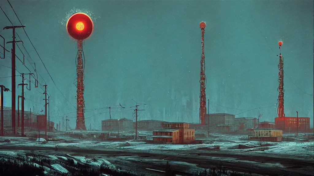 Image similar to Nuclear, Redwood Desolation; Location: Norilsk Russia; by Simon Stålenhag; retro natural-futurism;