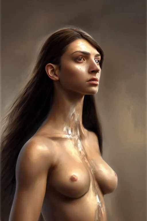 Prompt: a sharply detailed, photorealistically painted portrait of an attractive young female, partially clothed in battle armor, with an abstractly painted background, flawless olive skin, fair complexion, long dark hair, beautiful bone structure, perfectly symmetric facial features, perfect photorealistic eyes, natural physique, intricate, elegant, digital painting, concept art, finely detailed, beautifully illustrated, sharp focus, minimal artifacts, volumetric lighting, from Metal Gear, by Ruan Jia and Mandy Jurgens and Artgerm and William-Adolphe Bouguerea, in the style of Greg Rutkowski, trending on Artstation, award winning art