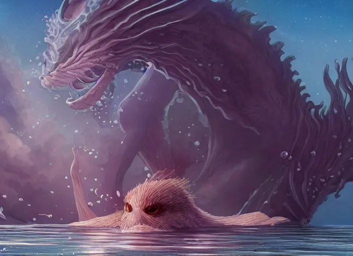 Image similar to a majestic water-dwelling creature with a cute smiling face, creature rising through the surface of the water, lake and sea beast, digital painting, masterpiece, 4k wallpaper, fantasy creature design by Moebius and Hayao Miyazaki, beautiful, gorgeous, artstation